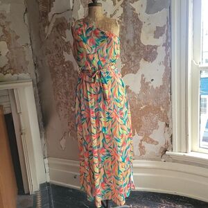 Tropical Leaf Print One-Shoulder Dress